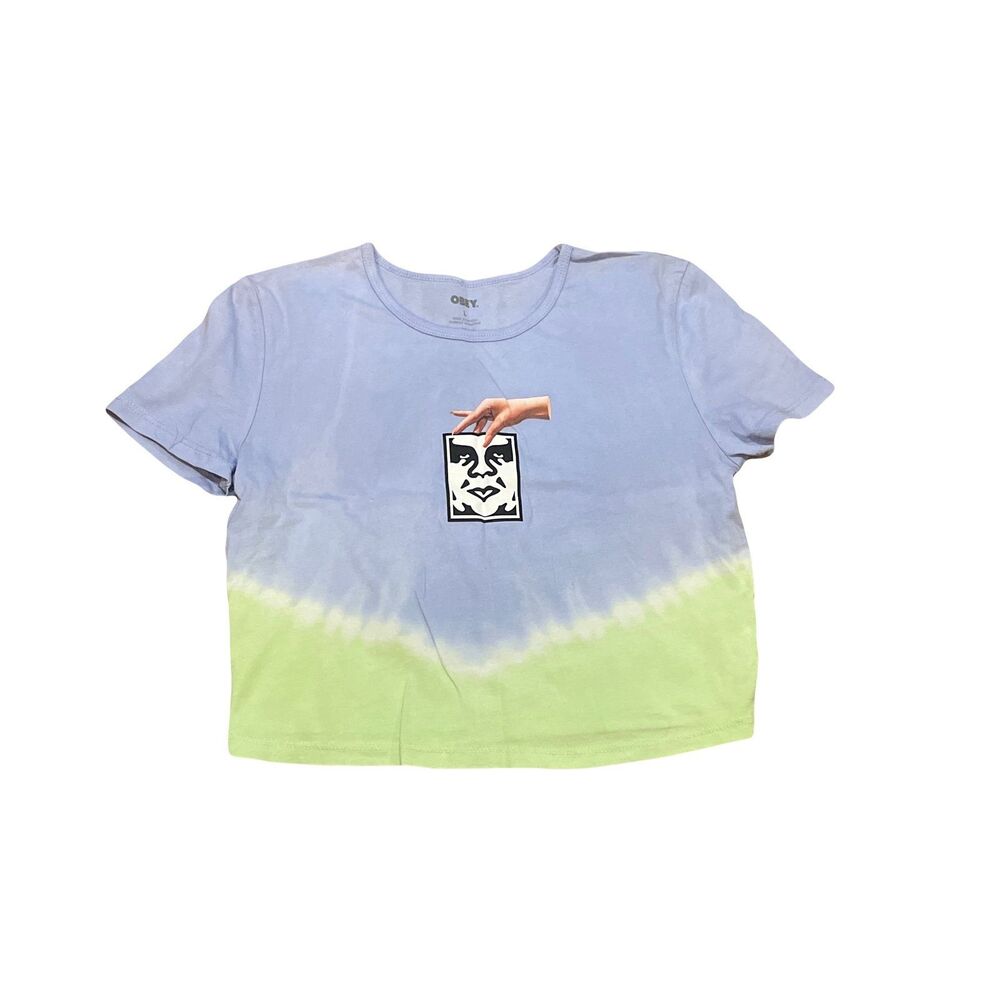 OBEY Large Tee Tshirt Crop Top Blue Green tie dye Hand holding the graffiti face